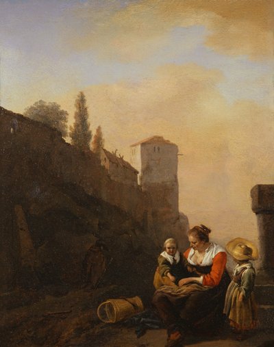 Talonpoika ja kaksi lasta lepäämässä tornin edessä Italiassa (öljy kankaalle) tekijältä Philips Wouwermans or Wouvermans