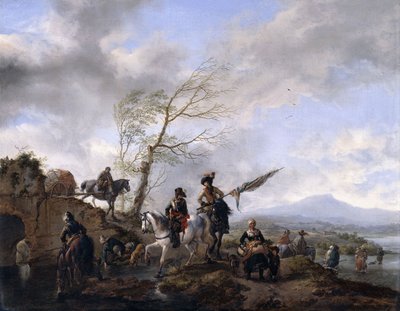 Laaja jokimaisema, jossa sotilaat ja kantakantaja juottavat hevosiaan, tekijältä Philips Wouwerman