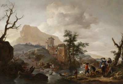 Hirvenmetsästys joessa, noin 1650-1655 tekijältä Philips Wouwerman
