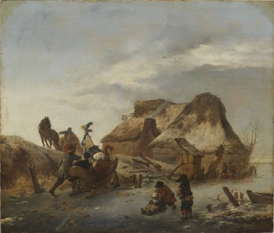 Un noble en traineau sur la glace - Aatelismiehen reki jäällä, Wouwerman, Philips (1619-1668). Öljy puulle, c. 1646. Mitat : 36x43 cm. Tukholman kansallismuseo tekijältä Philips Wouwermans or Wouwerman