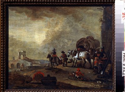 Matkailijat matkalla. Philips Wouwermanin (1619-1668) maalaus. Öljy kankaalle, 33,5 x 41,5 cm. Flanderin taidetta, barokkityyliä. Valtion taidemuseo, Tula (tai Tolan), Venäjä. tekijältä Philips Wouwermans or Wouwerman