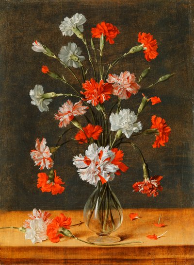 Neilikat lasimaljakossa kivipöydällä, 1639 tekijältä Phillipe de Marlier