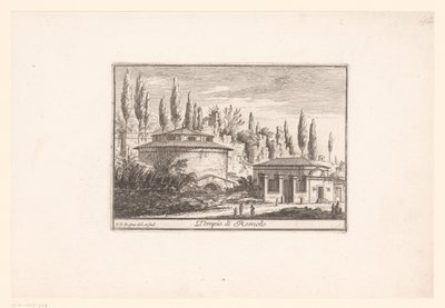 Näkymä Romuluksen temppelistä Tempio di Romolo (otsikko esineessä) Näkemyksiä antiikin ja nykyajan Roomasta (sarjan nimi) Varie Vedute di Roma Antica, e Moderna (sarjan nimi) tekijältä Philothée Francois Duflos