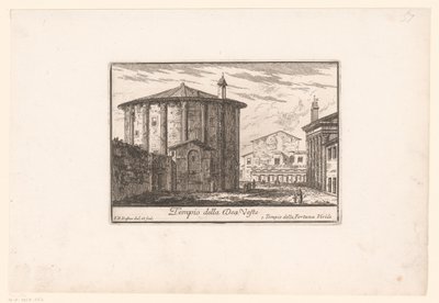Näkymä Vestan temppelille Tempio della Dea Veste (nimi esineessä) Näkemyksiä antiikin ja nykyajan Roomasta (sarjan nimi) Varie Vedute di Roma Antica, e Moderna (sarjan nimi) tekijältä Philothée Francois Duflos