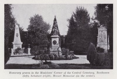 Kunniahaudat keskushautausmaan muusikoiden kulmassa, Beethoven (vas.), Schubert (oikealla), Mozartin muistomerkki (keskellä) (m/v kuva) tekijältä Photographer Austrian