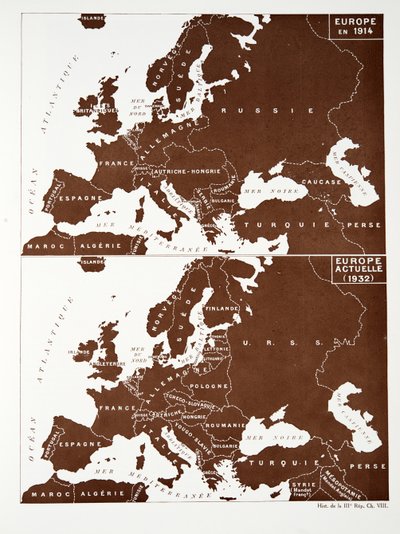 Euroopan kartta vuonna 1914 ja Eurooppa vuonna 1932, Histoire de la Troisieme Republique, Vol. I, Poliittinen historia, pub.1933 (väri litho) tekijältä Photographer French