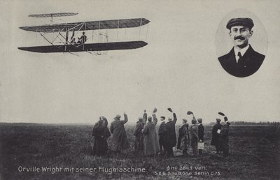Amerikkalainen lentäjä Orville Wright ja hänen lentävä kone (m/w kuva) tekijältä Photographer German