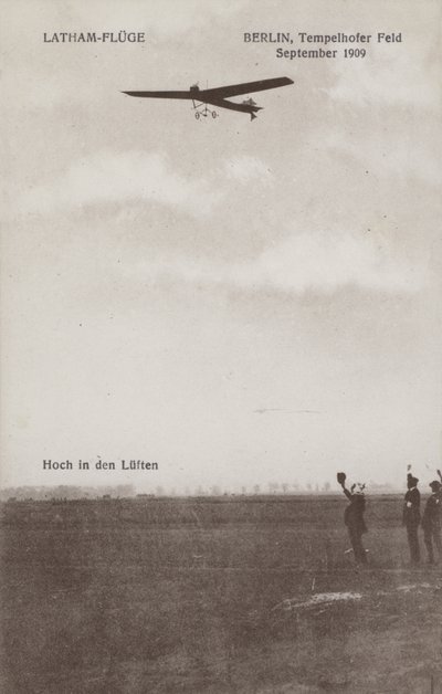 Ranskalainen lentäjä Hubert Latham lentää Tempelhofin lentokentän yli, Berliini, syyskuu 1909 (m/v kuva) tekijältä Photographer German