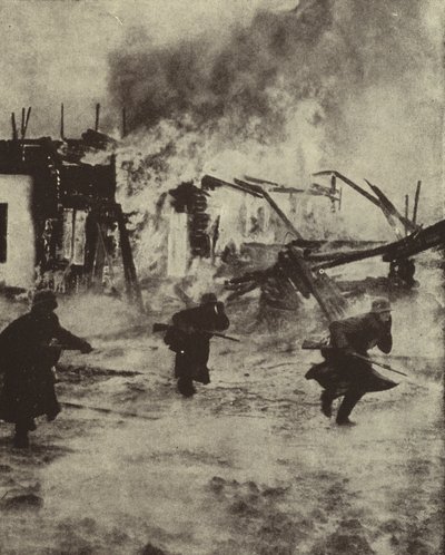 Saksalaiset sotilaat etenevät Rotterdamin palavien raunioiden läpi Luftwaffen pommituksen jälkeen, toinen maailmansota, toukokuu 1940 (m/v kuva) tekijältä Photographer German