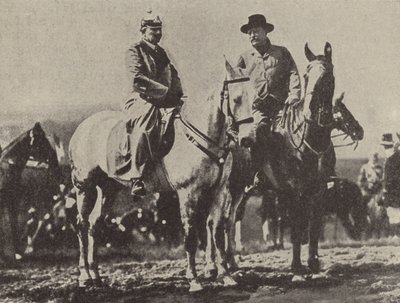 Saksan keisari Wilhelm II ja Yhdysvaltain presidentti Theodore Roosevelt katsomassa Saksan armeijaa liikkeissä tekijältä Photographer German