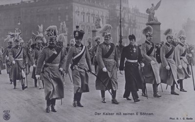 Saksan keisari Wilhelm II ja hänen kuusi poikaansa sotilasunivormuissa (m/v kuva) tekijältä Photographer German