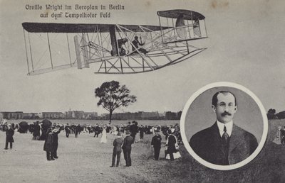 Orville Wright lentää lentokoneella Temelhofin lentokentän yllä Berliinissä (m/v kuva) tekijältä Photographer German