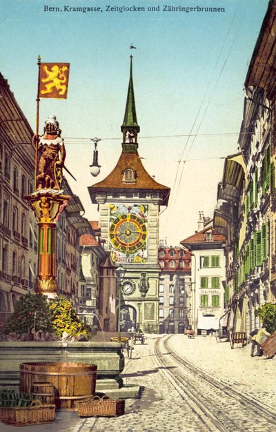 Zytgloggen kellotorni ja Zahringerbrunnen-suihkulähde, Kramgasse, Bern, Sveitsi (värikuva). tekijältä Photographer Swiss