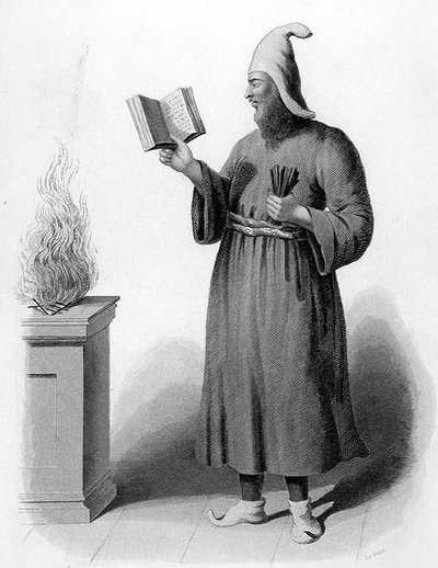 Guebresin ylipappi. (Fire-Worshippers), kaiverrus Le Conte, julkaisusta "World Religion", julkaisija A. Fullarton & Co. (kaiverrus) tekijältä Picart (after)