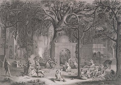 Hindufakiirit harjoittavat taikauskoisia riittejä, kaiverrettu Bell, World Religion -julkaisusta, julkaisija A. Fullarton & Co. tekijältä Picart