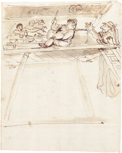 Karikatyyri Pier Francesco Molasta keskeyttämässä Giovanni Battista Passeria maalaamassa kattokoristeeksi makuuvaa Venusta tekijältä Pier Francesco Mola