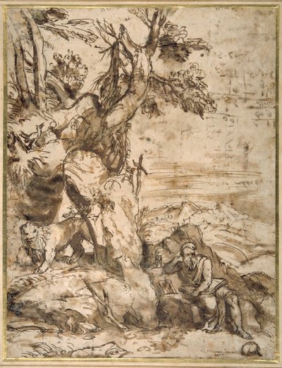 Pyhä Hieronymus lukemassa erämaassa, Tizianin jälkeen (n. 1488-1576) (ruokokynä ja ruskea muste ruskealla pesulla kermanvärisellä paperilla) tekijältä Pier Francesco Mola