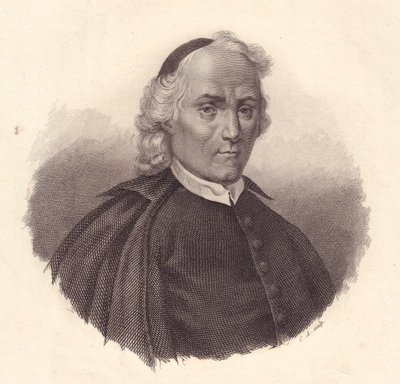Italian presbyteerin ja historioitsija Ludovico Antonio Muratorin (1672-1750) muotokuva, kuparikaiverrus tekijältä Blaise Nicolas Le Sueur