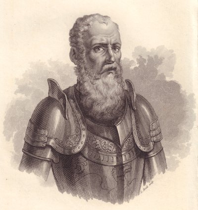 Italian sotilasjohtajan Ezzelino III da Romanon tai Ecelino da Romanon (1194-1259) muotokuva, kuparikaiverrus tekijältä Blaise Nicolas Le Sueur
