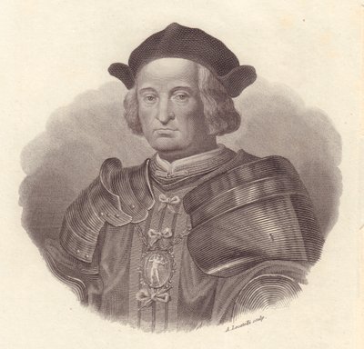 Italian sotilasjohtajan ja poliitikon Gian Giacomo Trivulzion (1440-1518) muotokuva, Locatellin kuparikaiverrus tekijältä Blaise Nicolas Le Sueur