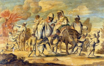 Pulcinella menetti kodin tulipalossa tekijältä Pier Leone (after) Ghezzi