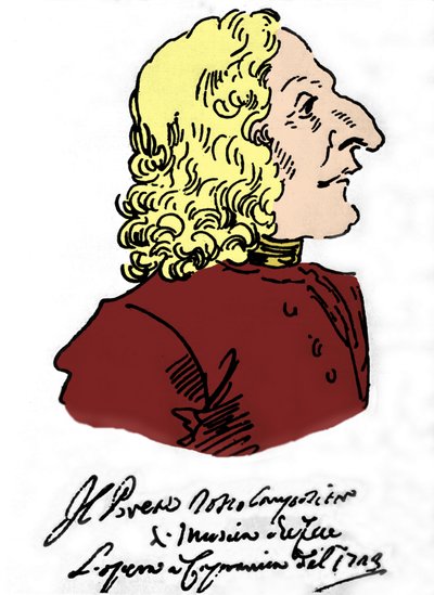 Antonio Vivaldi (1678 - 1741), Pierre Leone Ghezzin (1674 - 1755) sarjakuva tekijältä Pier Leone Ghezzi