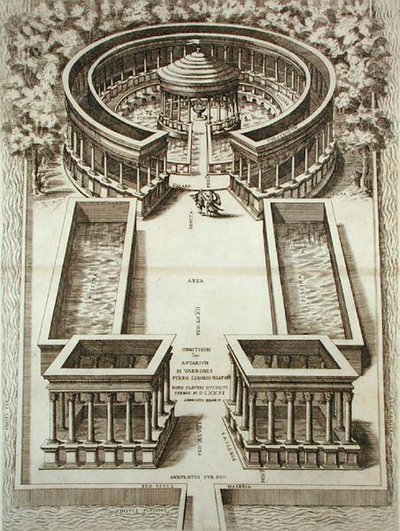 Varron lintupuisto, J. Laurusin teoksesta "Roma Verus et Nuova", julkaistu 1614 (kaiverrus) tekijältä Piero (after) Ligorio