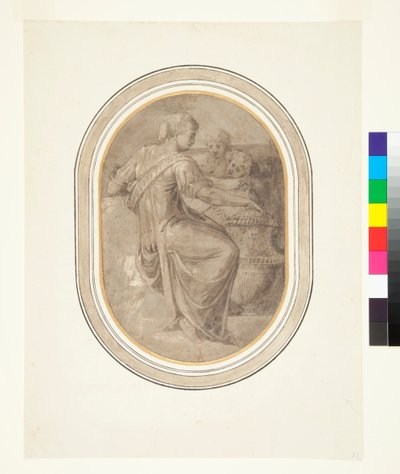 Sibylla, jossa on maljakko ja kaksi puttia, n. 1540-luku (ruskealla pesulla tehty sivellinpiirros, jossa on valkoista korotettua kynätyötä harmaalla pohjalla) tekijältä Piero (attr. to) Ligorio