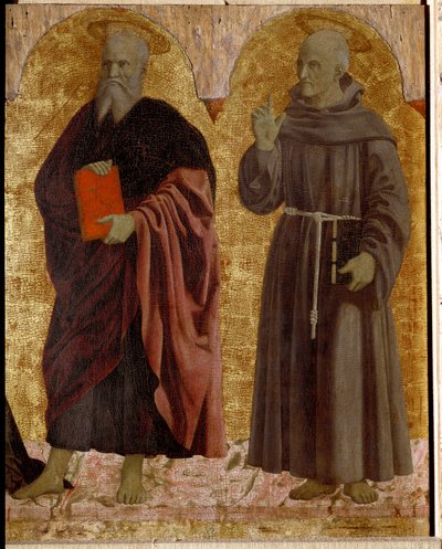 Misericorden polyptiikka: Misericorden neitsyt, pyhien ympäröimänä. Yksityiskohta, joka kuvaa Saint Andrea ja Saint Bernardino of Siena (Bernardino da Siena tai Bernardino degli Albizzeschi tekijältä Piero della Francesca