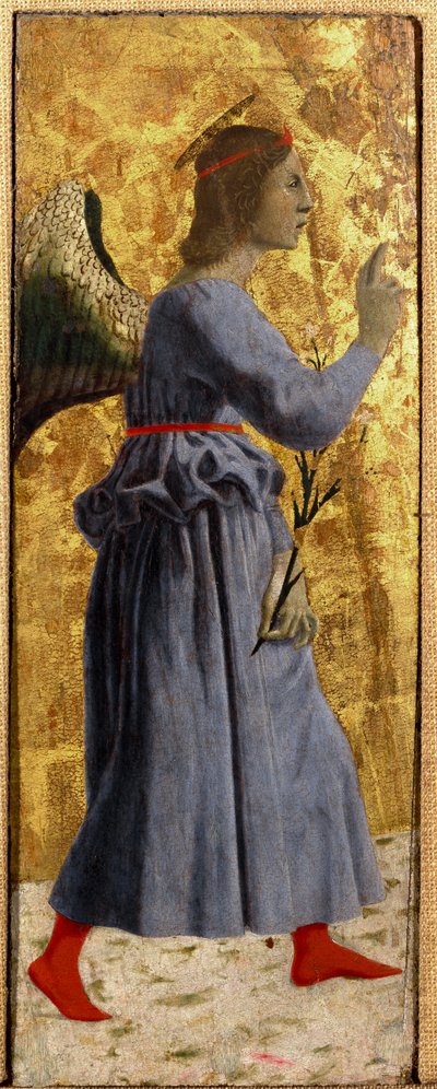 Misericorden polyptiikka: Misericorden neitsyt, pyhien ympäröimänä. Yksityiskohta, joka edustaa Ilmoituksen enkeliä. Piero della Francescan maalaus puulle (1415/20-1492) 1445-1460 Dim. 55x20 cm Sansepolcro, Pinacoteca Comunale tekijältä Piero della Francesca