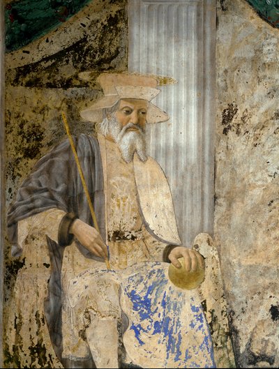 Sigismondo Pandolfo Malatesta (1417-1468) muotokuva rukouksessa ennen San Sigismondoa (Sigismondo). Yksityiskohta pyhimyksestä. Pietro di Benedetto dei Franceschin fresko Piero della Francescassa (1422-1492) tekijältä Piero della Francesca