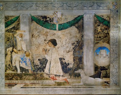 Sigismondo Pandolfo Malatesta, Riminin hallitsija, polvistuu suojelijansa, Pyhän Sigismundin, Burgundin pyhän kuninkaan, edessä (fresko). tekijältä Piero della Francesca