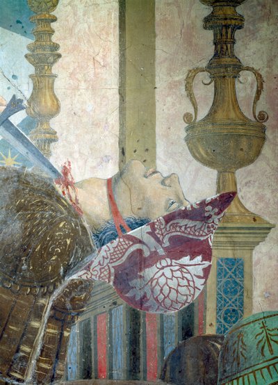 Legend of the True Cross, Herakleiosin ja Chosroesin taistelu, yksityiskohta miehestä, jonka kurkku on leikattu, valmistunut 1464 fresko. tekijältä Piero della Francesca