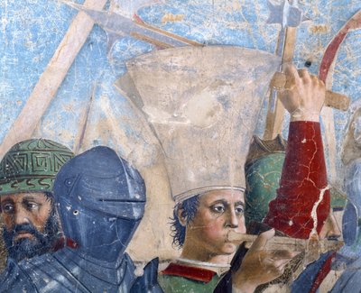 Legend of the True Cross, Herakleiosin ja Chosroesin taistelu, yksityiskohta torvensoittajasta, valmistunut 1464 fresko tekijältä Piero della Francesca