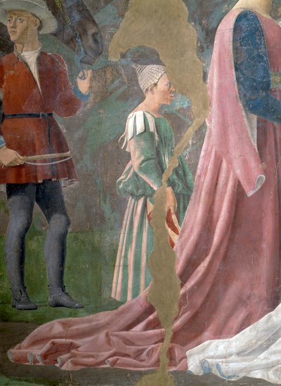 Legenda todellisesta rististä, Saaban kuningatar palvomassa ristin puuta, yksityiskohta avustajasta, valmistunut fresko 1464. tekijältä Piero della Francesca