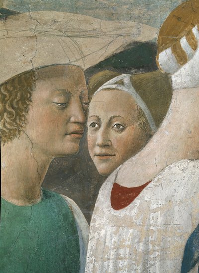 Legenda todellisesta rististä, Saaban kuningatar palvomassa ristin puuta, yksityiskohta kahdesta palvelijasta, valmistunut fresko 1464. tekijältä Piero della Francesca