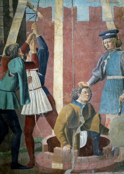 Legenda todellisesta rististä, juutalaisen kidutus, yksityiskohta Juudaksen vetämisestä kaivosta, valmistui 1464 fresko yksityiskohta 58293 ks. myös 116372. tekijältä Piero della Francesca
