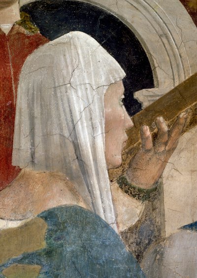 Legend of the True Cross, Ristin todentaminen, yksityiskohta Saba-kuningattaresta suutelemassa ristiä, valmistunut fresko 1464. tekijältä Piero della Francesca