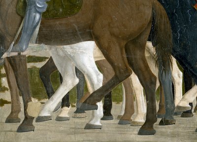 Legenda todellisesta rististä, Konstantinuksen voitto Milvian sillan taistelussa, yksityiskohta hevosen jaloista, valmistunut fresko 1464. tekijältä Piero della Francesca