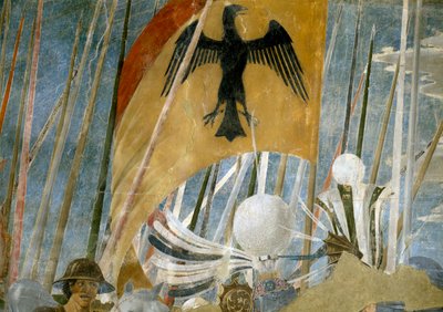 Legenda todellisesta rististä, Konstantinuksen voitto Milvian sillan taistelussa, yksityiskohta banderollista, valmistunut fresko 1464. tekijältä Piero della Francesca