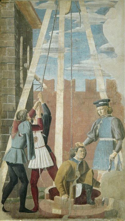 Juutalaisen kidutus: Juudasta vedettiin kaivosta, todellisen ristin syklistä, valmistunut 1464 (fresko) tekijältä Piero della Francesca