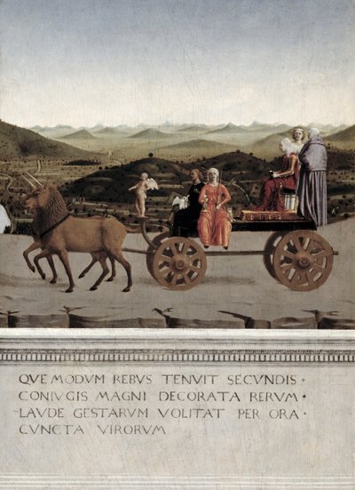 Urbinon herttuattaren Battista Sforzan voitto. Battista ja hänen palvelijattarensa, kaksi teologista hyvettä ja nunna piirretään voittoautoon kahden ruskean yksisarvisen vuoden 1472 jälkeen (tempera paneelissa) (yksityiskohta) tekijältä Piero della Francesca