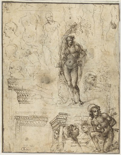 Tutkimusarkki, jossa on päitä, hahmoja ja arkkitehtonisia fragmentteja Opintopaperi päitä, hahmoja ja arkkitehtonisia fragmentteja tekijältä Piero di Cosimo (attributed to)