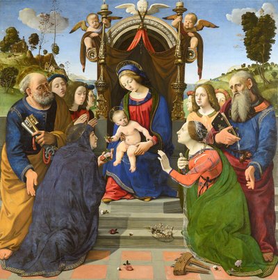 Madonna ja lapsi sekä pyhimykset Pietari, Johannes evankelista, Elisabet Unkarin (), Katariina Aleksandrialainen ja enkelit. tekijältä Piero di Cosimo