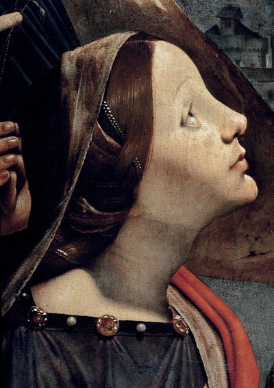 Pyhä Katariina Aleksandrialainen, yksityiskohta Neitsyt ja lapsi valtaistuimella pyhien ympäröimänä (öljy ja tempera taulussa, noin 1493) tekijältä Piero di Cosimo