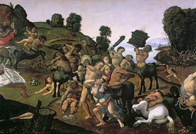 Taistelu lapiittien ja kentaurien välillä, (yksityiskohta lapihien kimppuun hyökkäävistä kentaureista) n. 1490-luku, (öljy puulle) tekijältä Piero di Cosimo