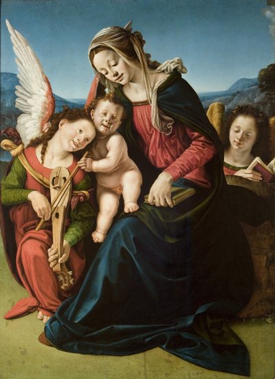 Neitsyt ja lapsi kahden enkelin kanssa, n. 1507 (öljy puulle) tekijältä Piero di Cosimo