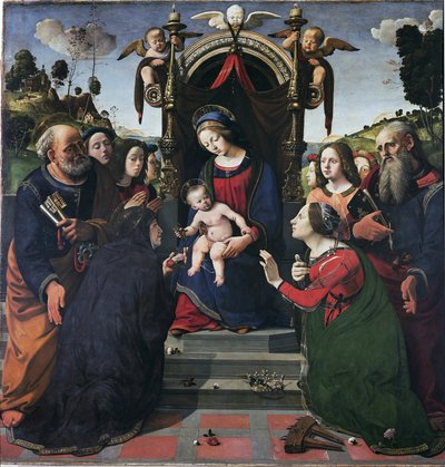 Neitsyt ja lapsi valtaistuimella pyhien ympäröimänä (öljy ja tempera taulussa, noin 1493) tekijältä Piero di Cosimo