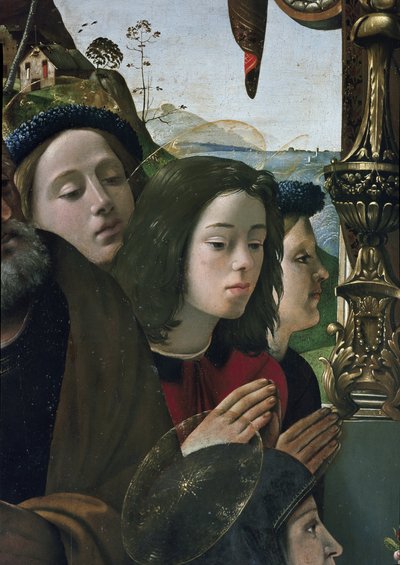 Neitsyt ja lapsi valtaistuimella pyhien ympäröimänä, yksityiskohdat (öljy ja tempera taulussa, noin 1493) tekijältä Piero di Cosimo