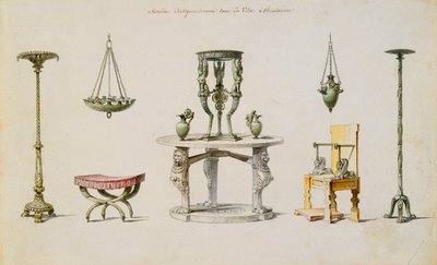 Erilaisia maljakoita, huonekaluja, alttareita ja kolmijalkoja löydetty Herculaneumista (kynä ja muste ja w/c paperilla) tekijältä Pierre Adrien Paris